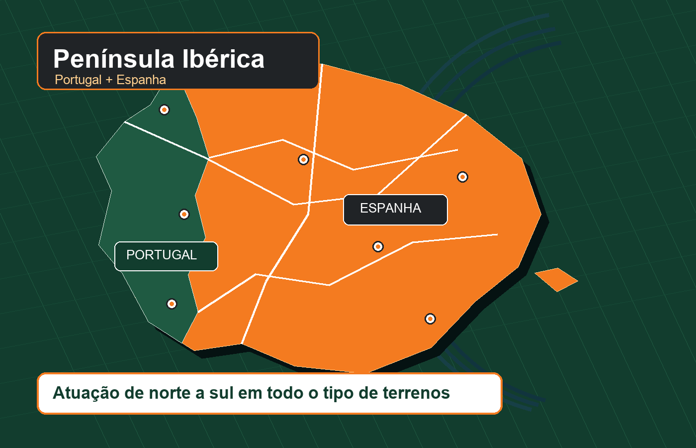 Mapa da Península Ibérica com cobertura em Portugal e Espanha
